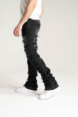 Stretch Stacked Black Jeans with Frayed Patch Inseam 38