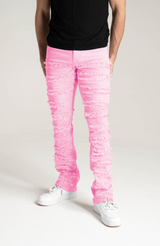 Stretch Stacked Pink Jeans with Frayed Patch Inseam 38