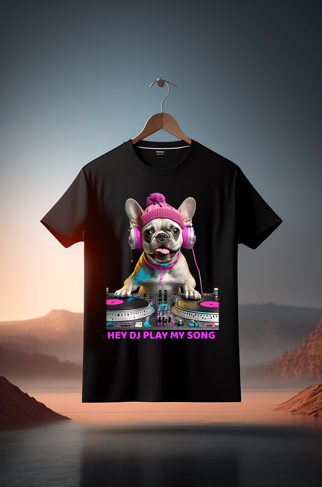 Frenchie Hey Dj Play my Song Art Exclusive T-Shirts | Grooveman Music