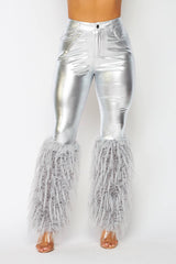 Azalea Shaggy Faux Fur Trim PU Legging Pants Silver