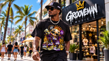 Men’s streetwear graphic tee with Grind and Hustle design at Grooveman Music Miami Beach