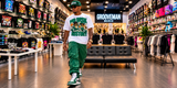 Model wearing a green graphic T-shirt with matching sneakers inside Grooveman Music in Miami Beach