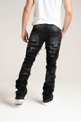 Stretch Stacked Black Jeans with Frayed Patch Inseam 38