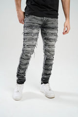 Premium Stretch Slim Fit Jeans with Discharge Print & Frayed Patch