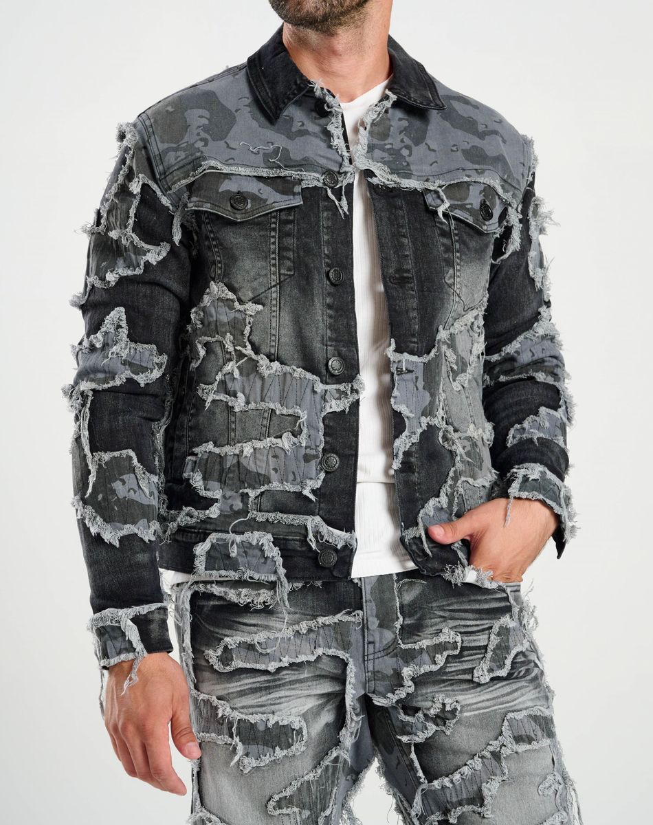 Men’s Black Camo Patchwork Distressed Denim Jacket