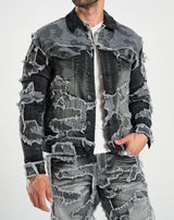 Men’s Black Camo Patchwork Distressed Denim Jacket
