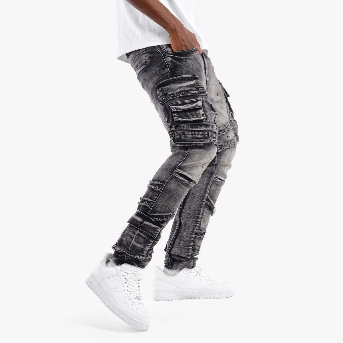 Men’s Distressed Cargo Jeans – Washed Grey Streetwear Denim – GROOVEMAN