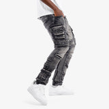 Men’s Distressed Cargo Jeans – Washed Grey Streetwear Denim – GROOVEMAN