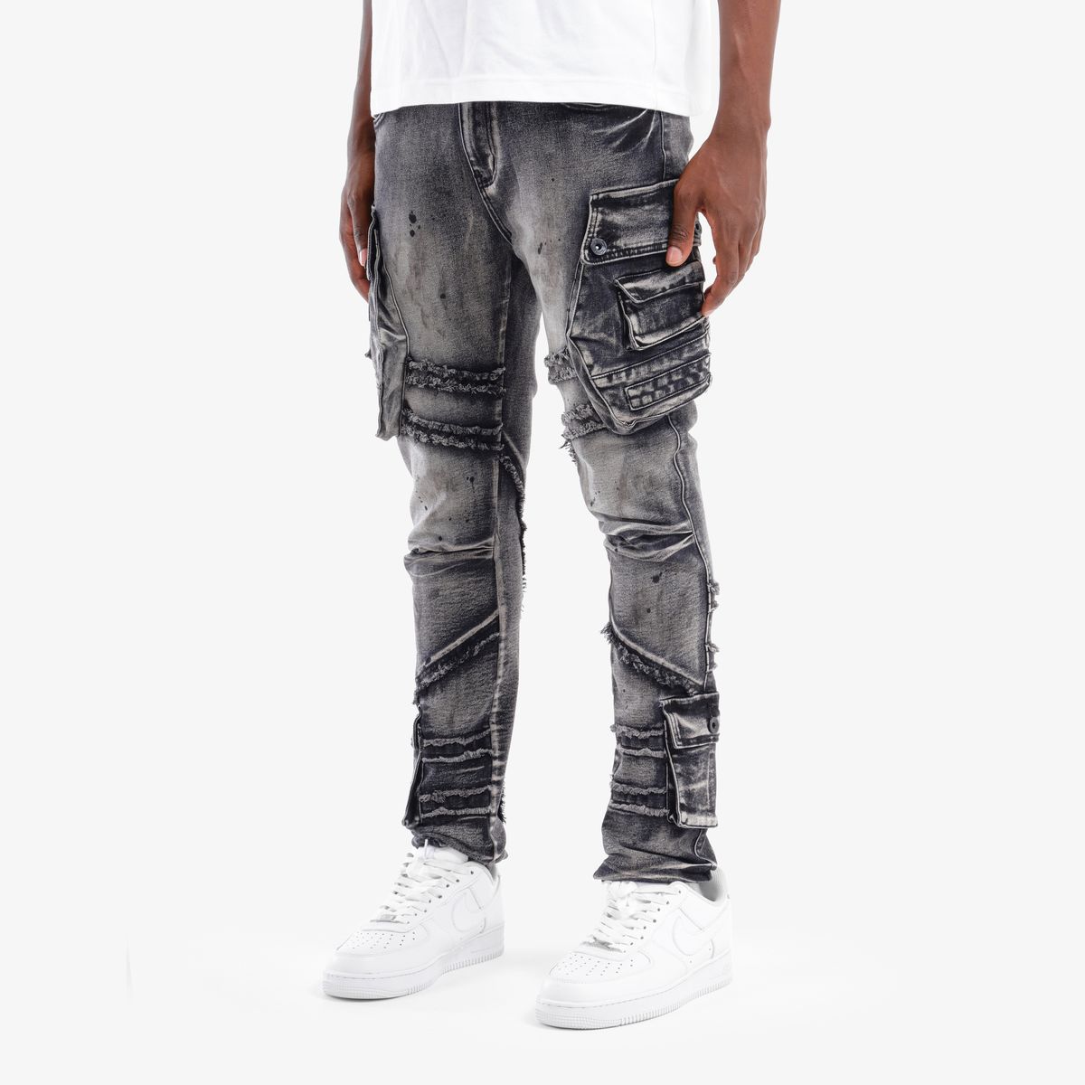 Men’s Distressed Cargo Jeans – Washed Grey Streetwear Denim – GROOVEMAN