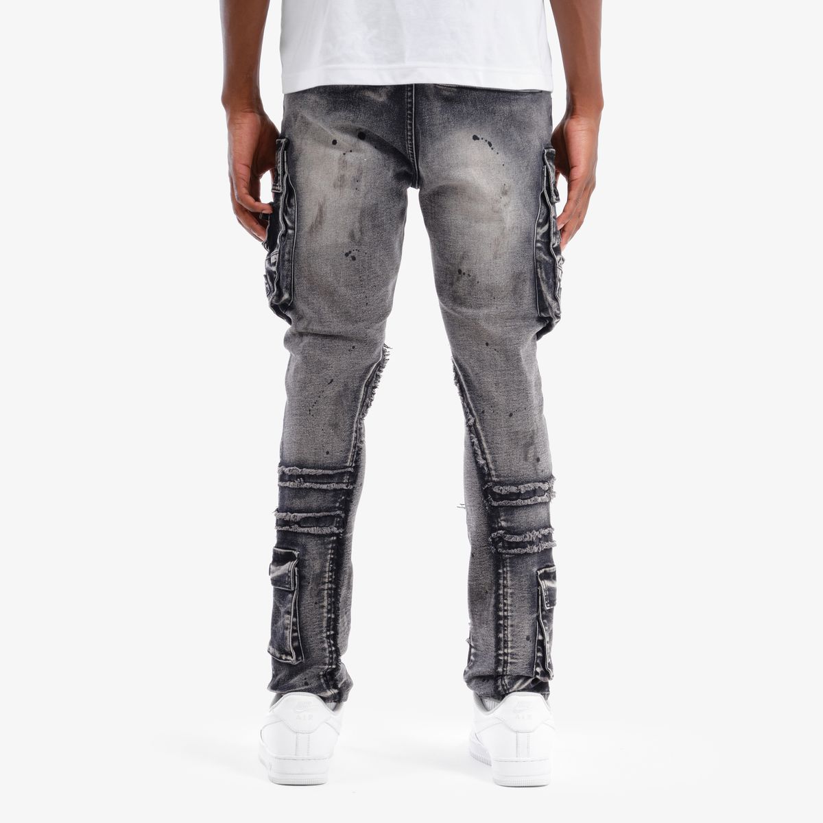 Men’s Distressed Cargo Jeans – Washed Grey Streetwear Denim – GROOVEMAN