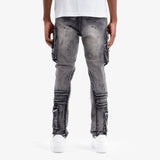 Men’s Distressed Cargo Jeans – Washed Grey Streetwear Denim – GROOVEMAN