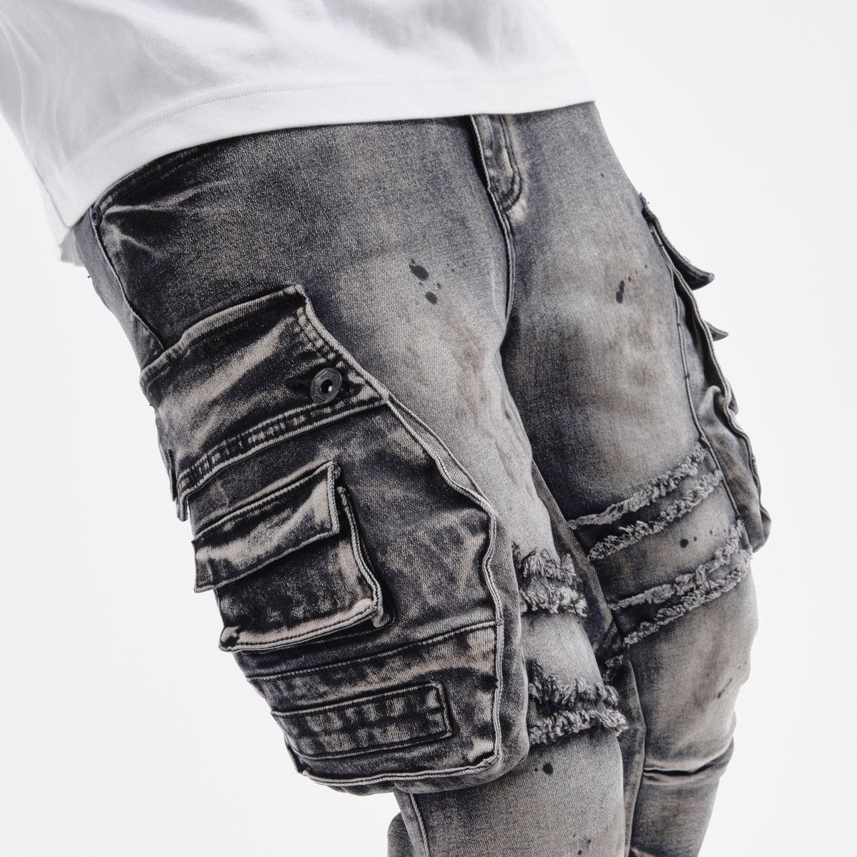 Men’s Distressed Cargo Jeans – Washed Grey Streetwear Denim – GROOVEMAN