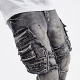 Men’s Distressed Cargo Jeans – Washed Grey Streetwear Denim – GROOVEMAN