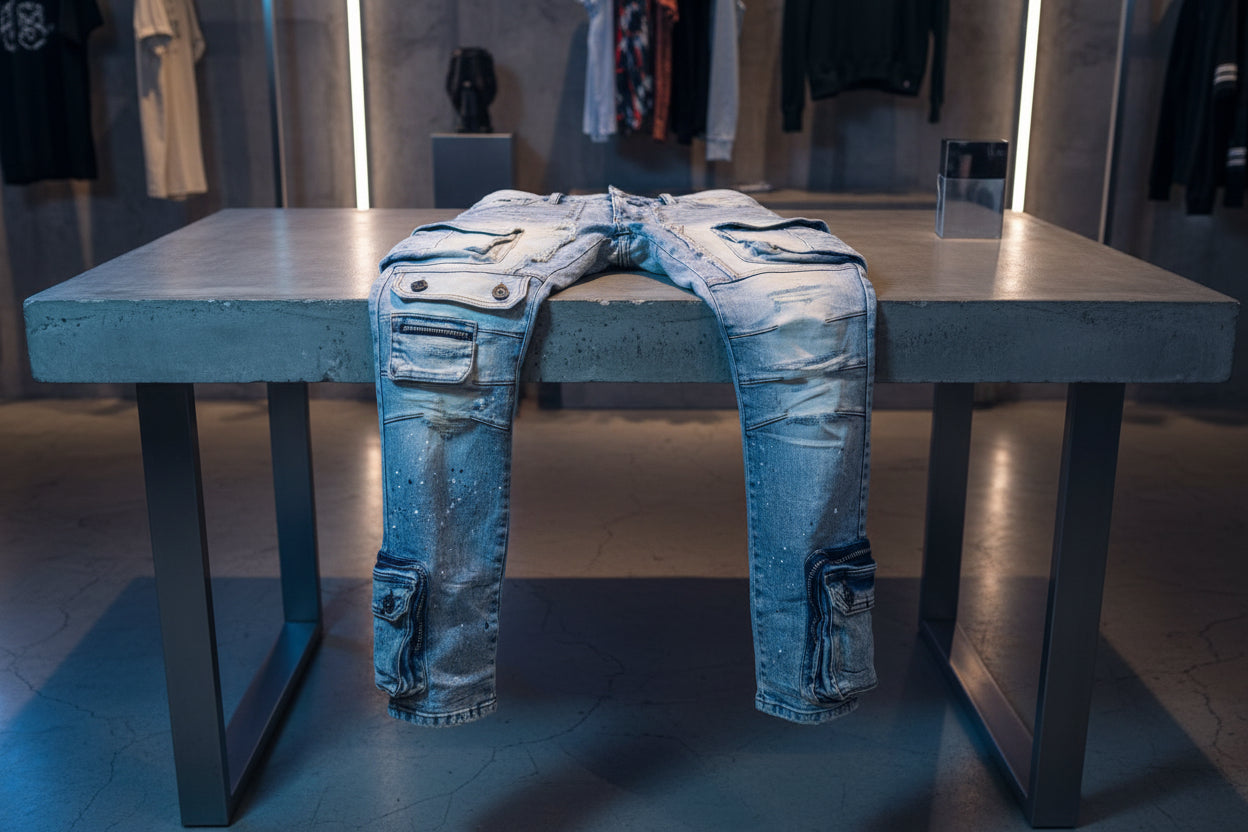 Men’s Light Wash Cargo Jeans with Zipper Detail – Stacked Fit Denim – GROOVEMAN