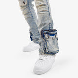 Men’s Light Wash Cargo Jeans with Zipper Detail – Stacked Fit Denim – GROOVEMAN