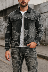 Men’s Black Camo Patchwork Distressed Denim Jacket