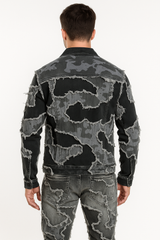 Men’s Black Camo Patchwork Distressed Denim Jacket