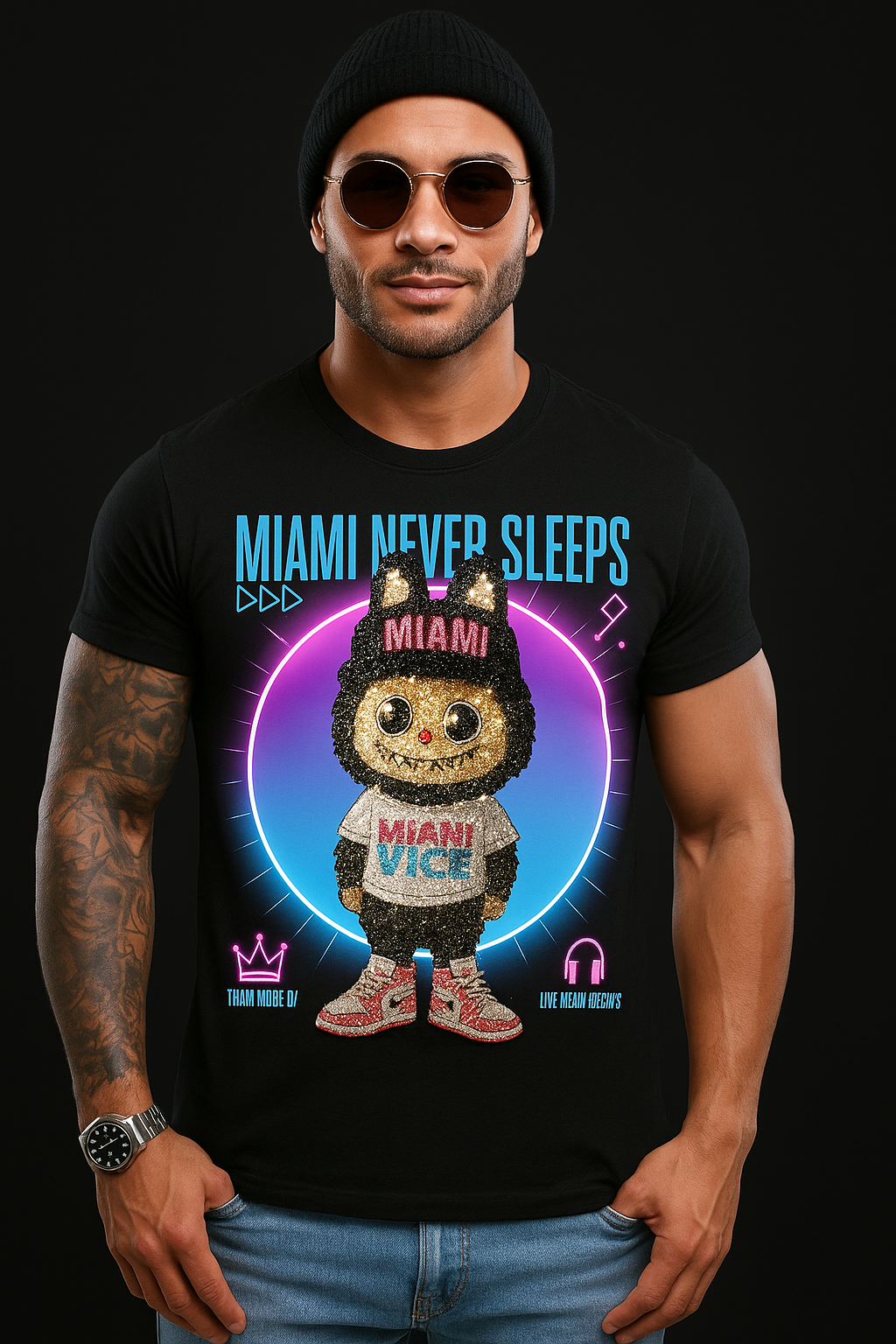 Miami Never Sleeps Rhinestone Labubu T-Shirt – Grooveman Exclusive