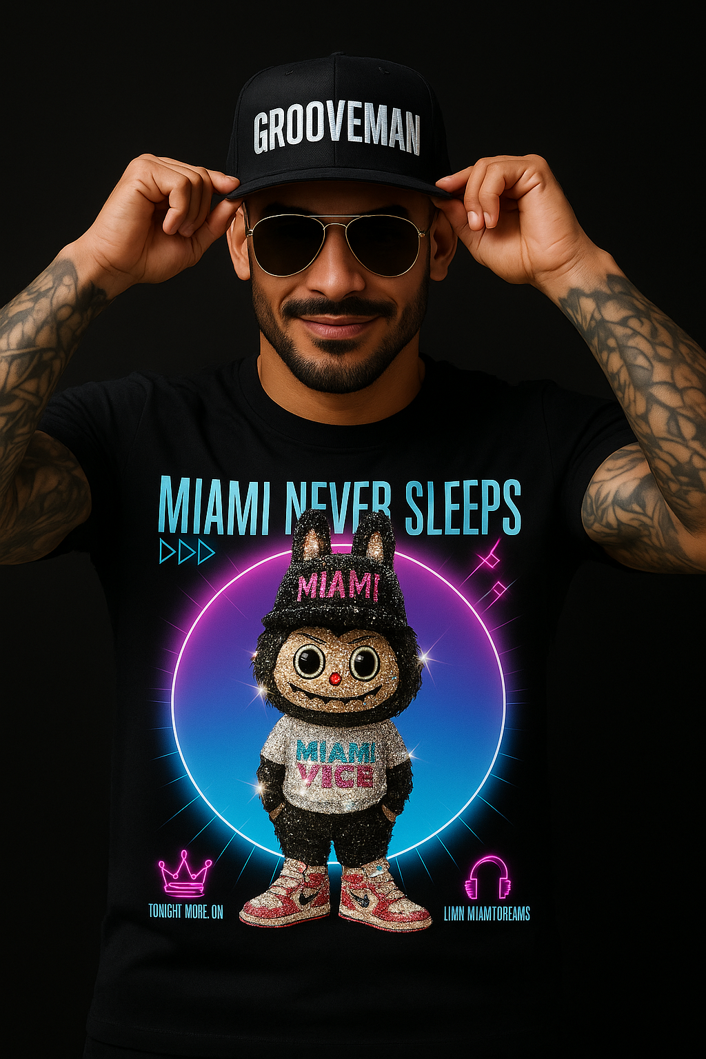 Miami Never Sleeps Rhinestone Labubu T-Shirt – Grooveman Exclusive