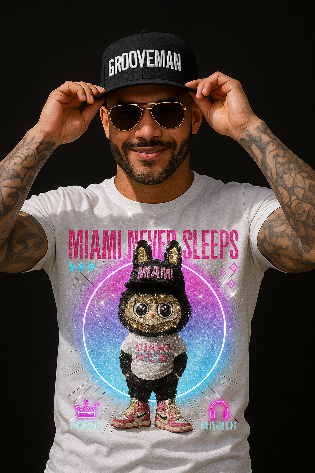 Miami Never Sleeps Rhinestone Labubu T-Shirt – Grooveman Exclusive