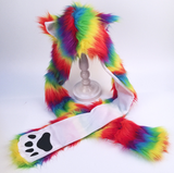 Faux Fur Ear Hooded Scarf with Bear Paw Pocket-Rainbow