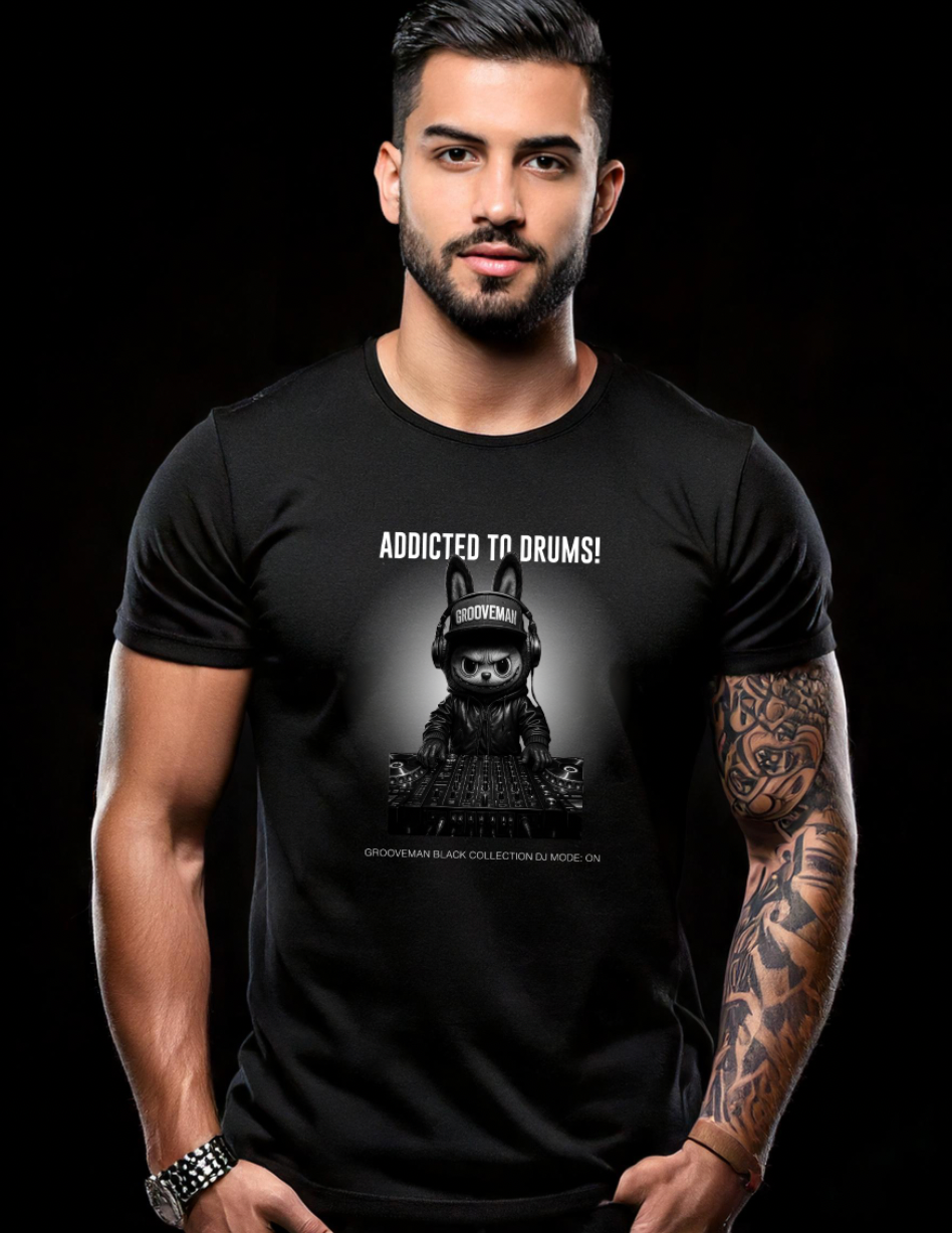 Man wearing a black t-shirt with a graphic design and text on a black background