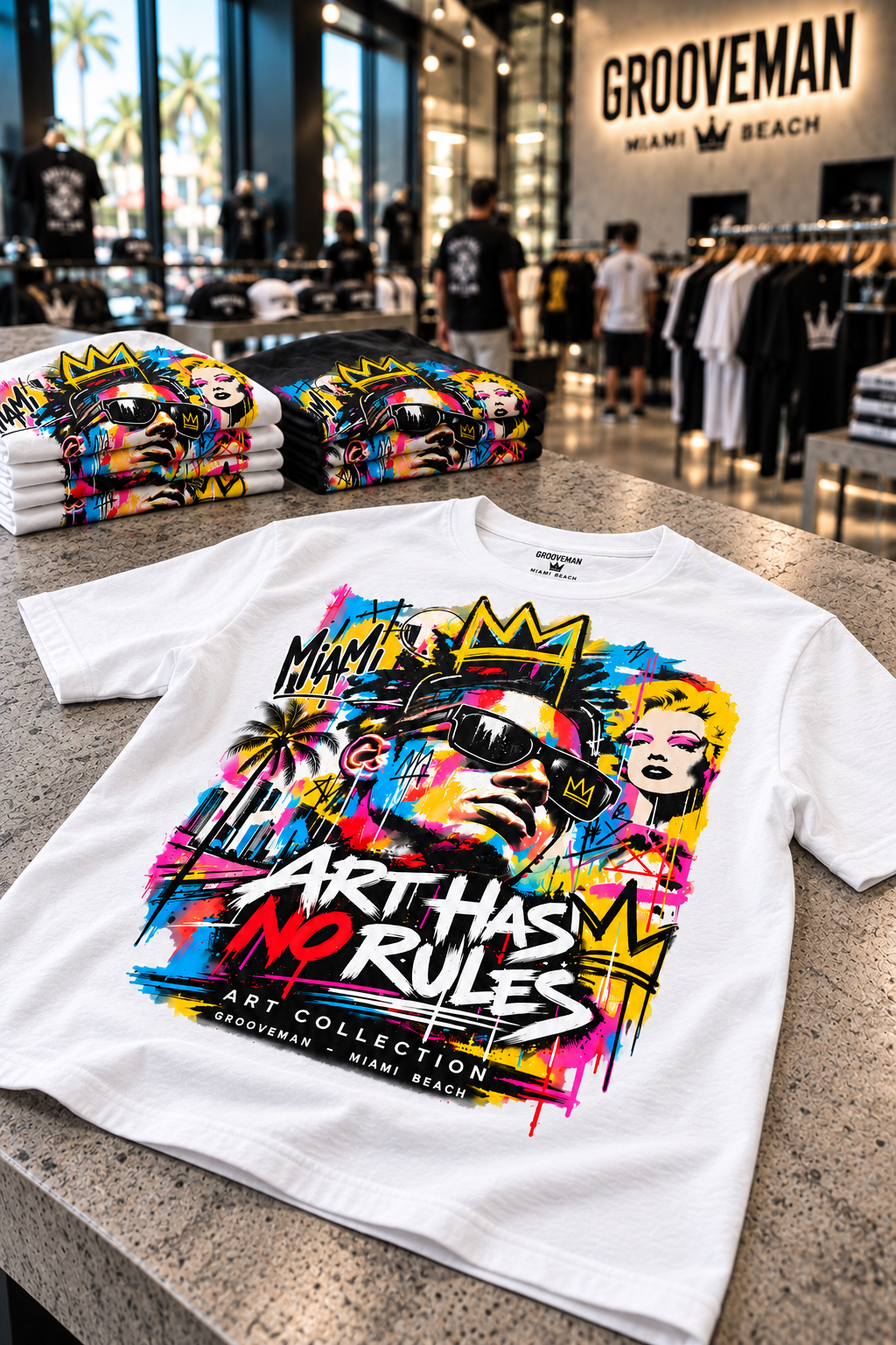 White Art Has No Rules graphic T-shirt on a concrete table beside folded white and black versions, with shoppers in the background.