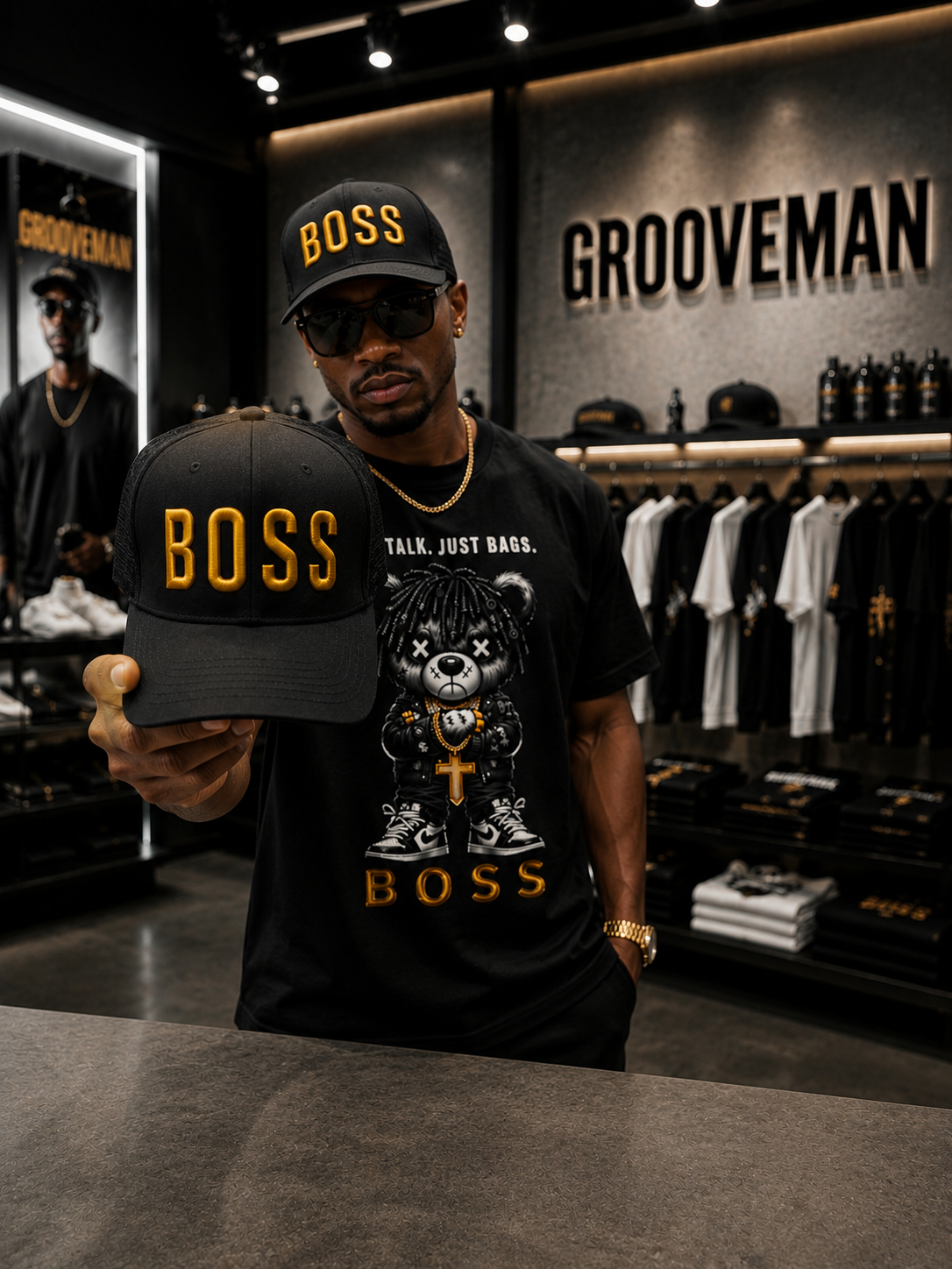 BOSS Black Cap with Gold 3D Embroidery – Premium Adjustable Streetwear Hat | Grooveman