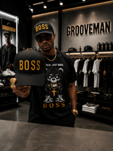 BOSS Black Cap with Gold 3D Embroidery – Premium Adjustable Streetwear Hat | Grooveman