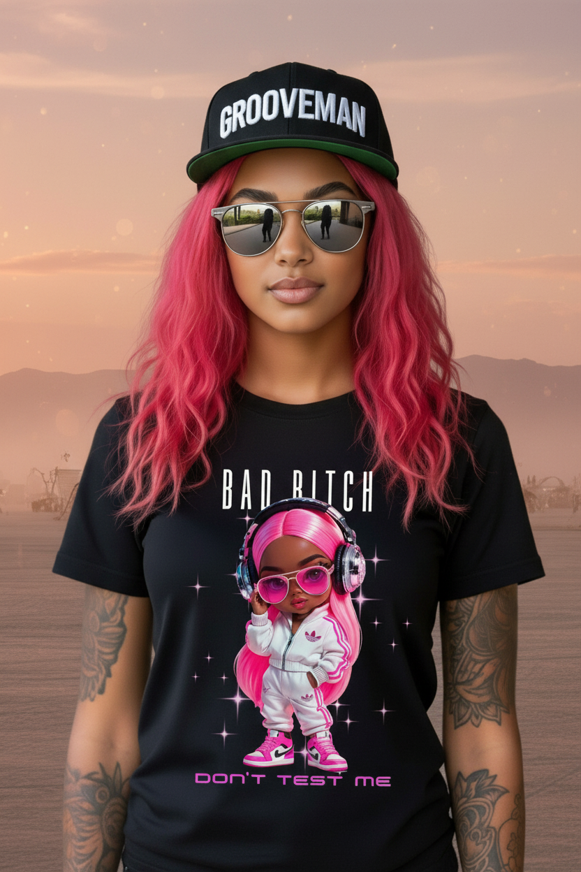 Person wearing a black t-shirt with graphic design and 'Grooveman' cap