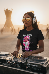 Black t-shirt with a graphic design of a person in pink headphones and outfit, text 'Bad Bitch Don't Test Me' on a dark background.