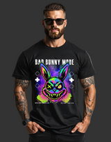 Man wearing a black t-shirt with a colorful bunny graphic and text.