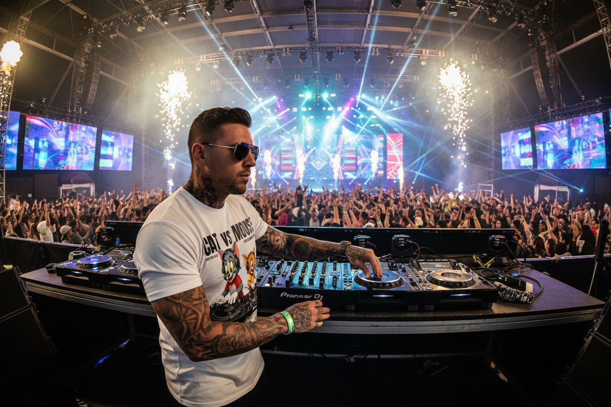 T-shirt with cartoon characters on DJ decks against a dark textured background