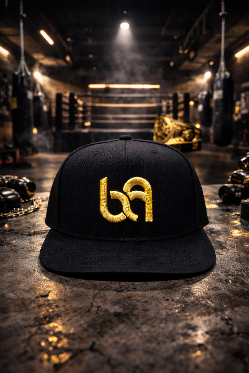 Black cap with gold logo on a dark, gritty background resembling a boxing ring.