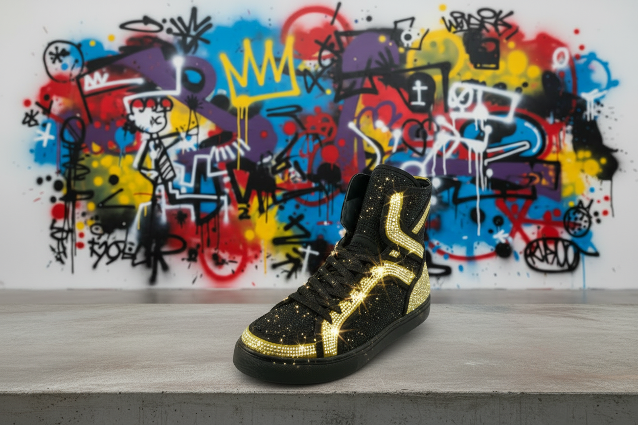 Black Gold Rhinestones High Top Sneaker Encore by Fiesso