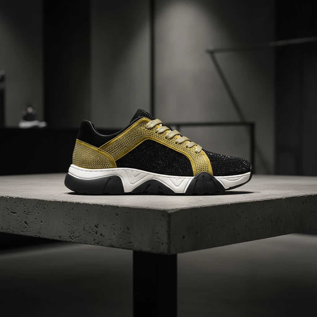 Black Gold Suede Rhinestones Lane up Sneaker Encore by Fiesso