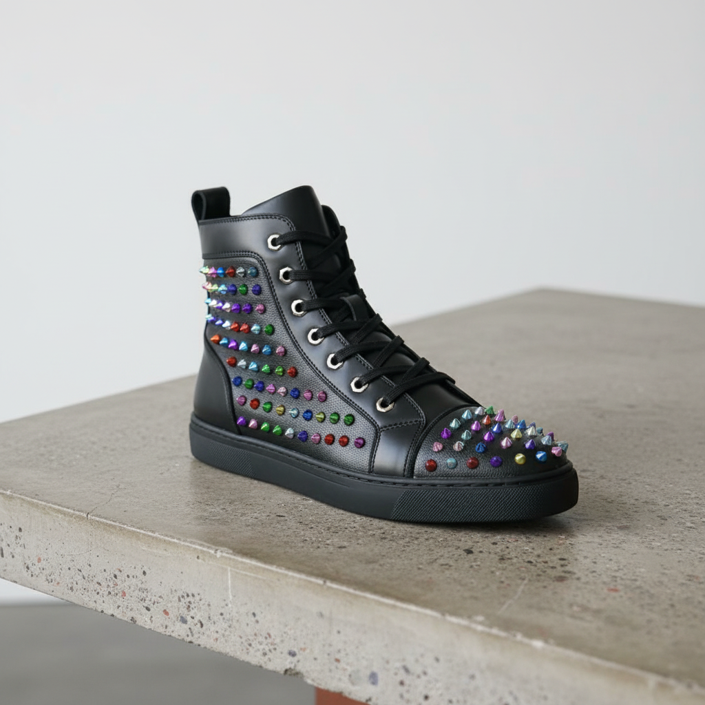 Black Leather Multi Color Spikes High Top Snekaer Encore by Fiesso