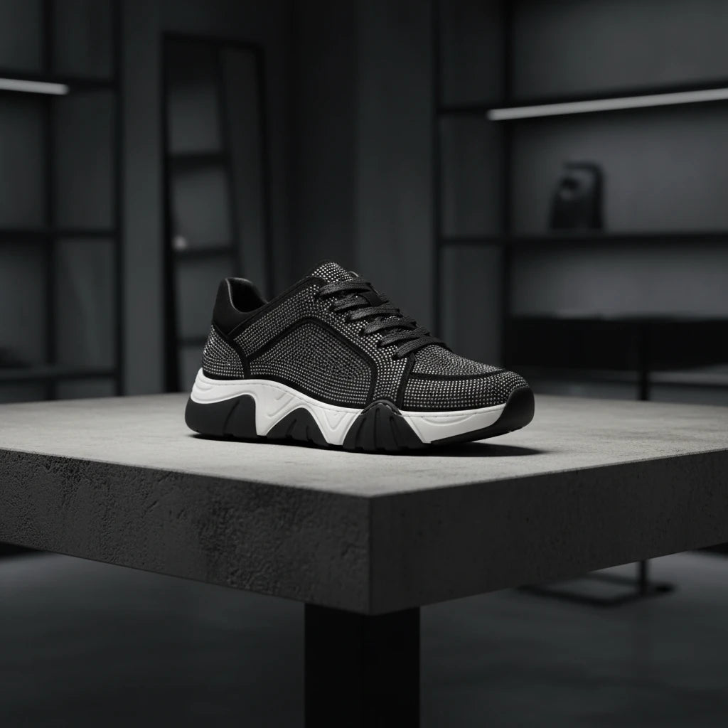 Black Suede Rhinestones Lane up Sneaker Encore by Fiesso