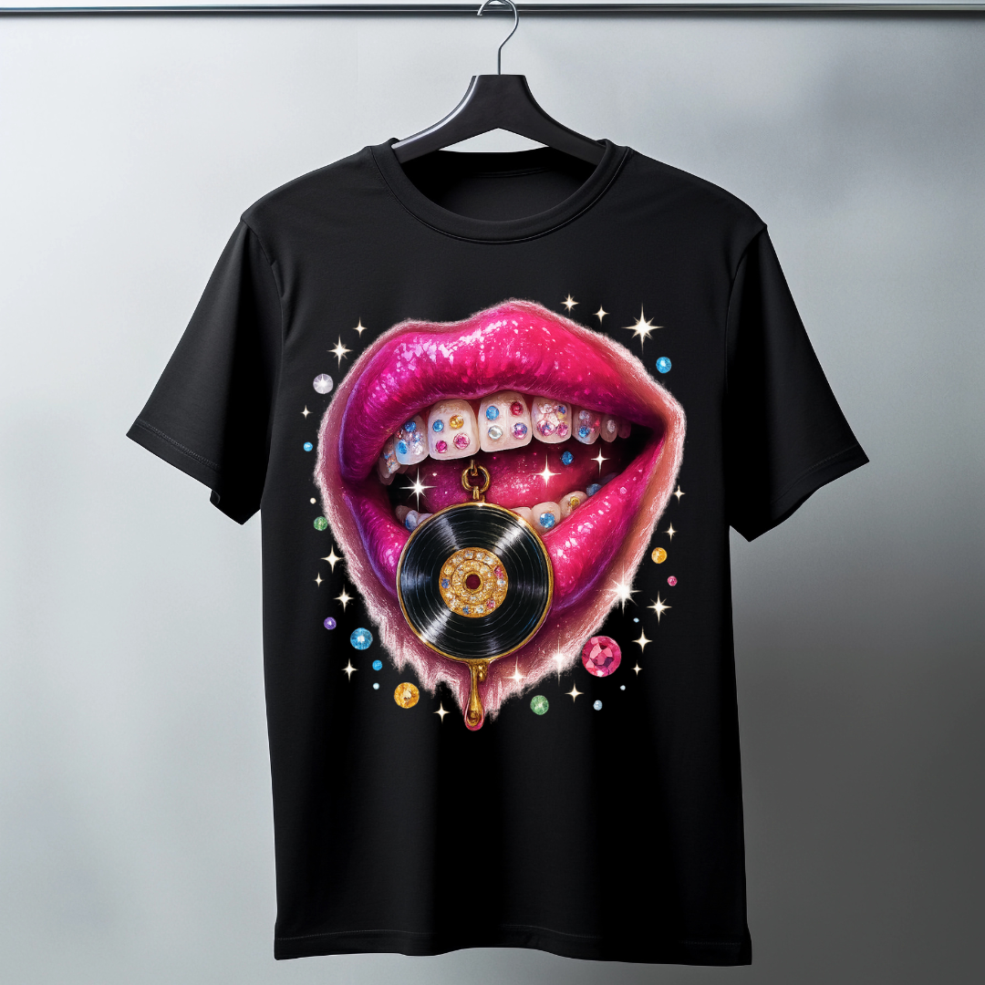 Vinyl Lips Bling T-Shirt – Fuchsia Lips & Grillz Graphic | Grooveman