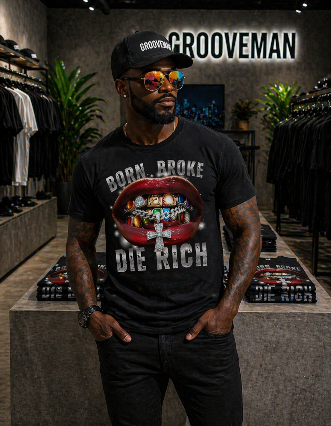 Man wearing a black t-shirt with 'Born Broke Die Rich' graphic in a clothing store.