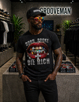 Man wearing a black t-shirt with 'Born Broke Die Rich' graphic in a clothing store.
