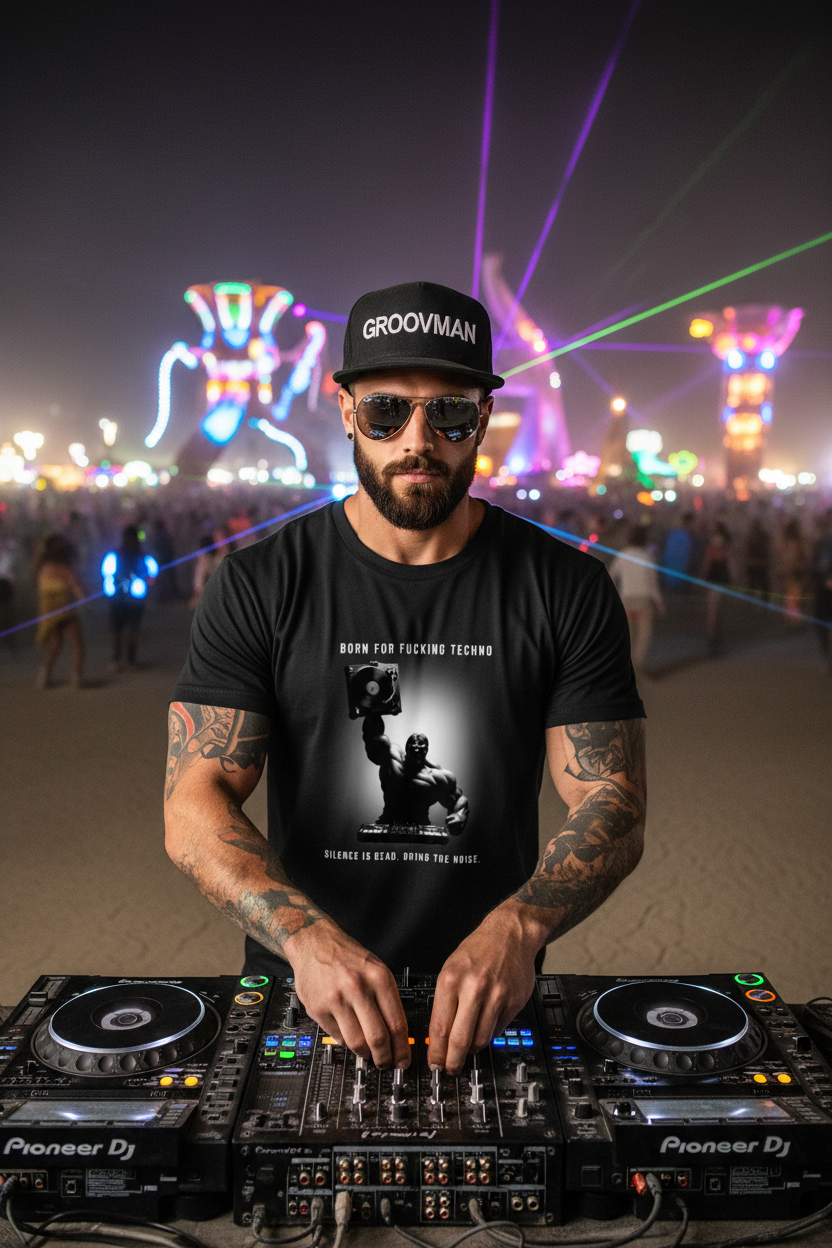 Man wearing a black t-shirt with graphic design and text on a gray background