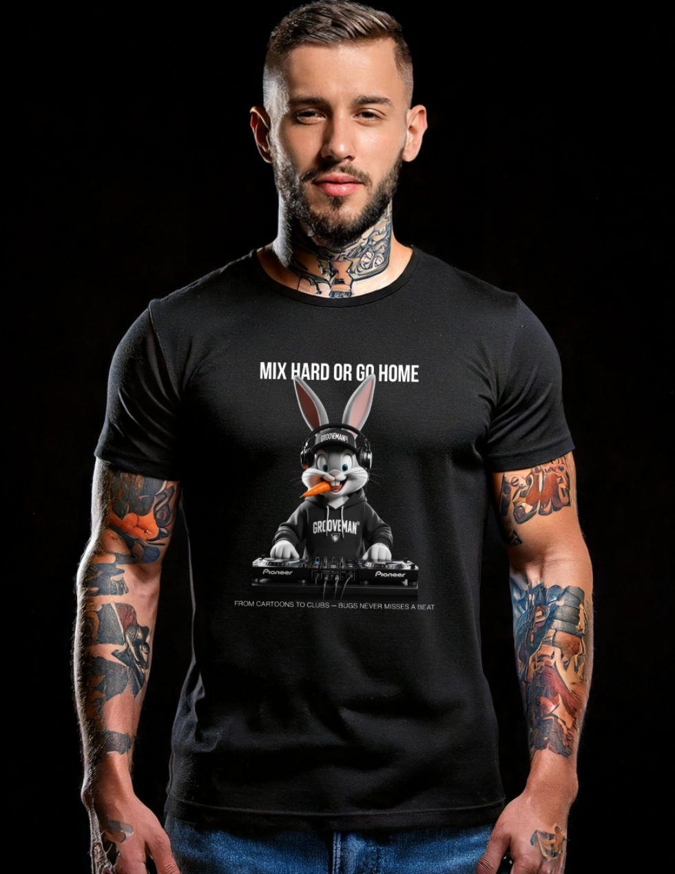 Man wearing a black t-shirt with a graphic design and text on a black background