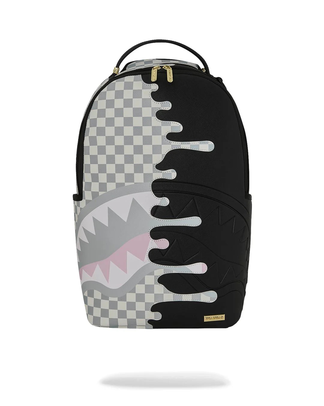 Backpack with shark design and checkered pattern on a white background