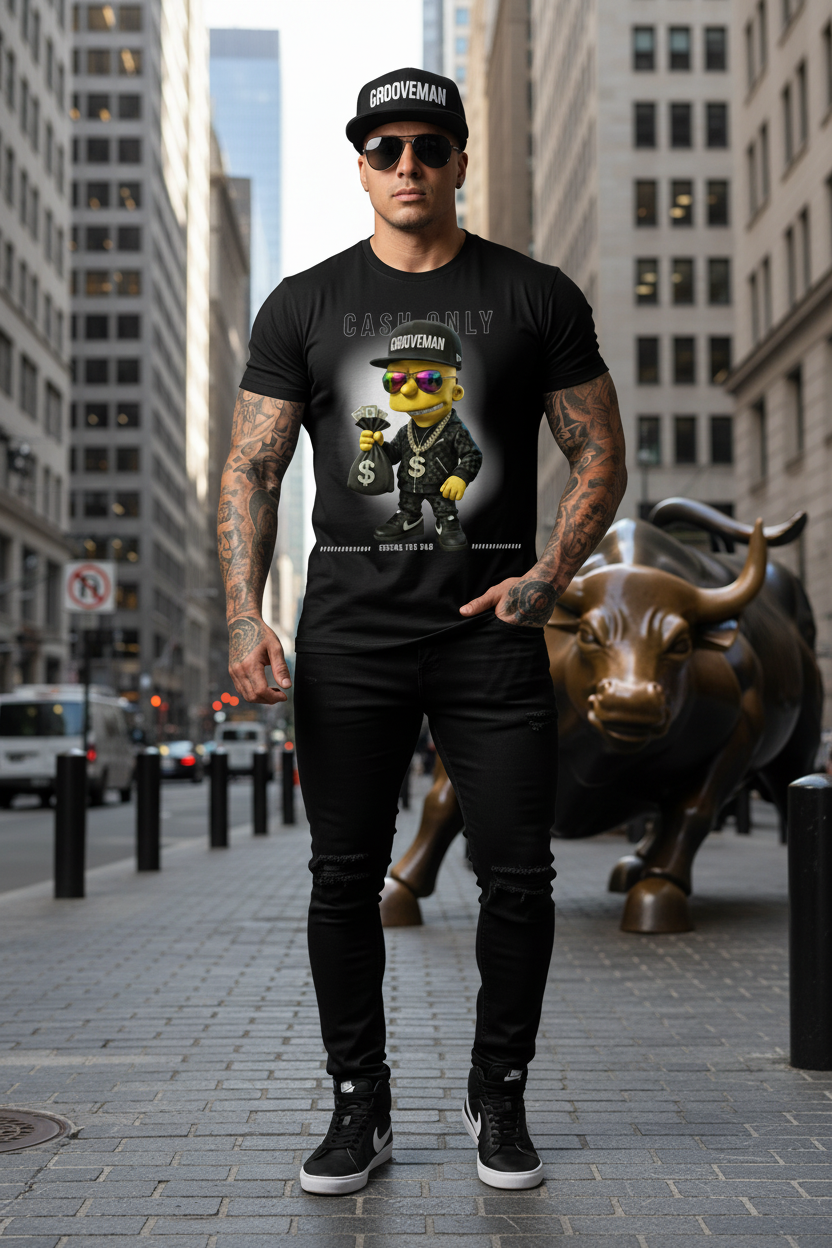 Black t-shirt with a cartoon character holding money on a hanger against a dark background