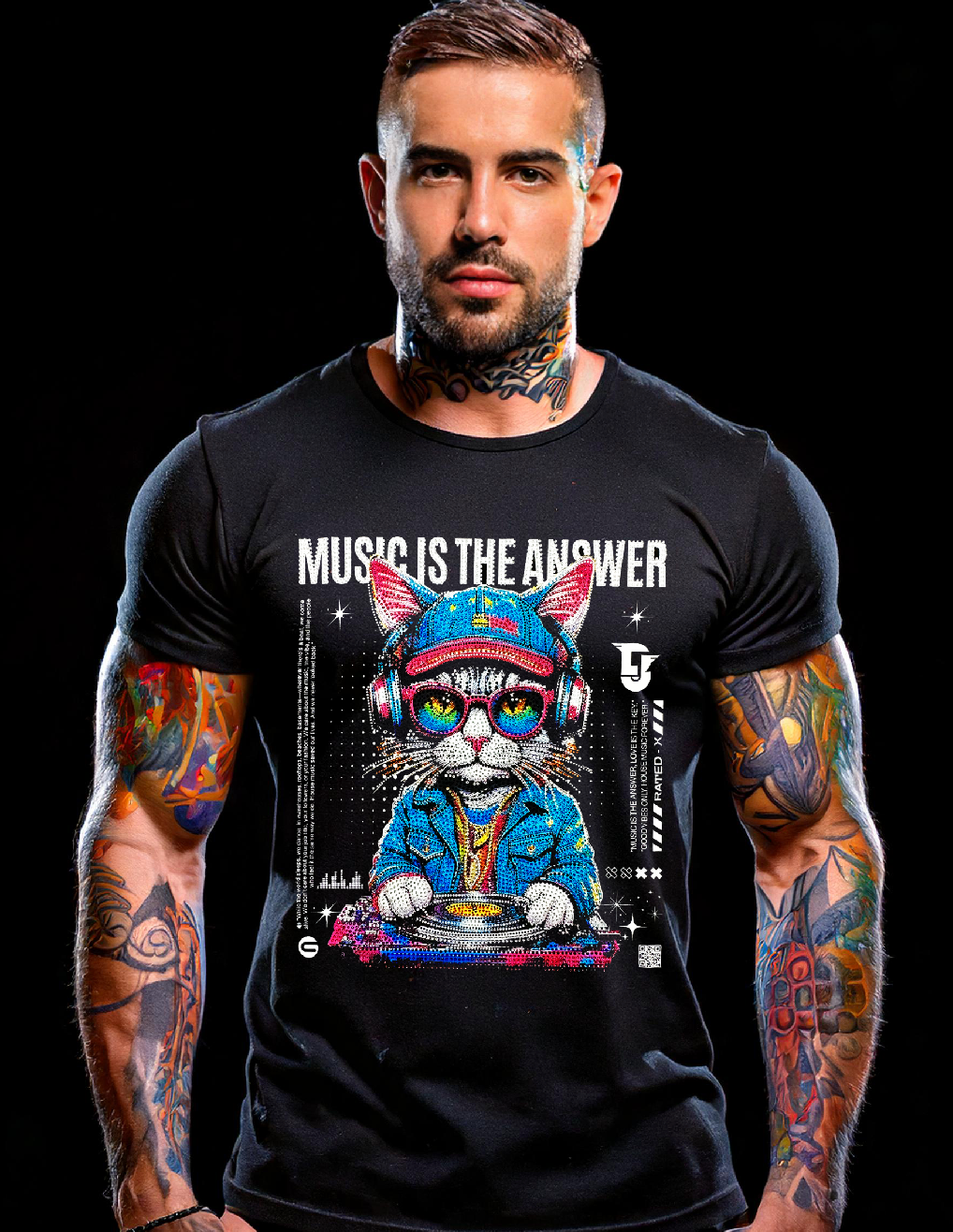 Man wearing a black t-shirt with a graphic design and text 'Music is the Answer' on a black background