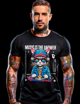 Man wearing a black t-shirt with a graphic design and text 'Music is the Answer' on a black background
