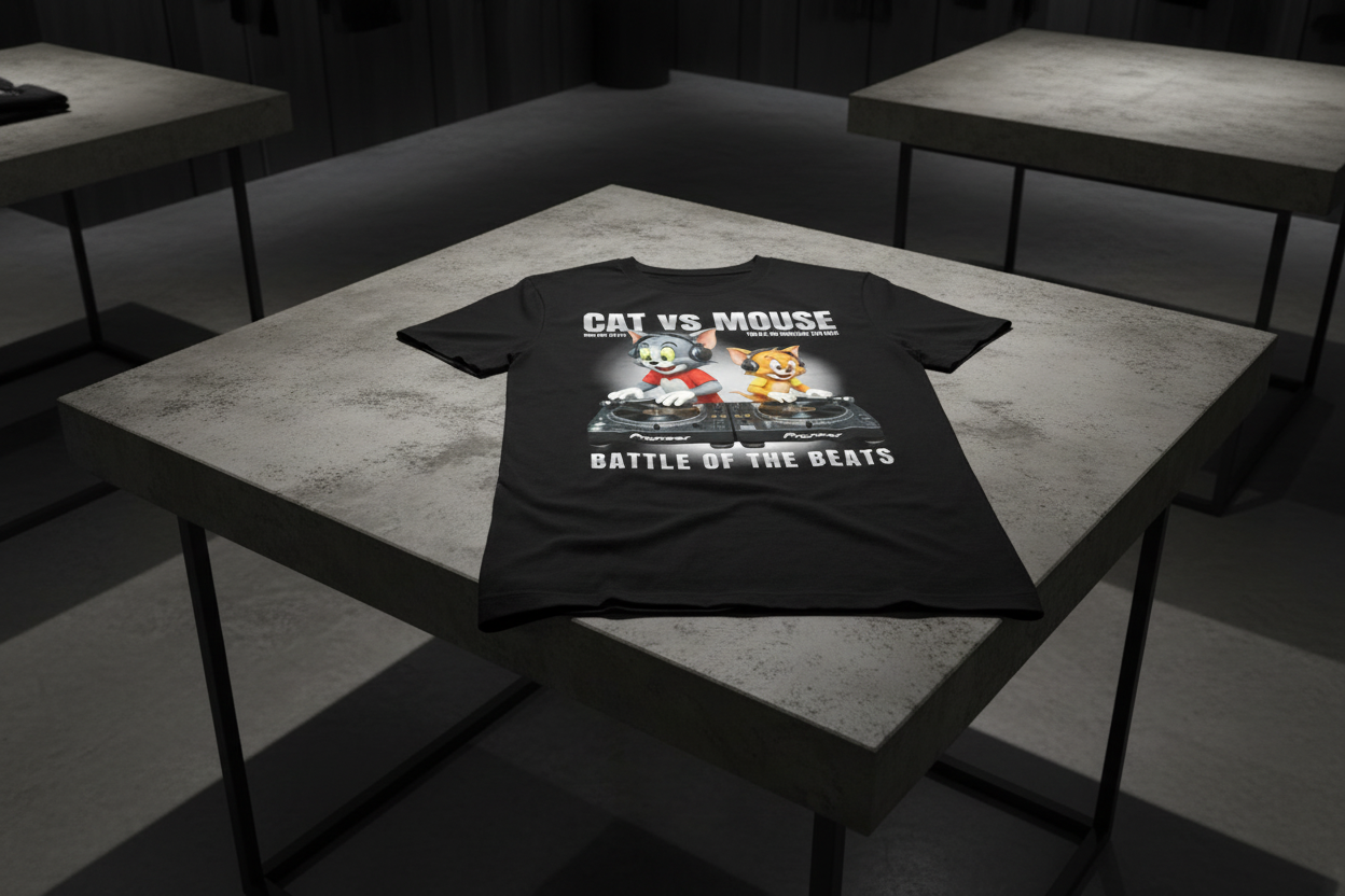 Black t-shirt with cartoon characters on a hanger against a dark background