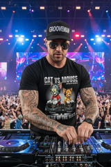 Black t-shirt with cartoon characters on a hanger against a dark background