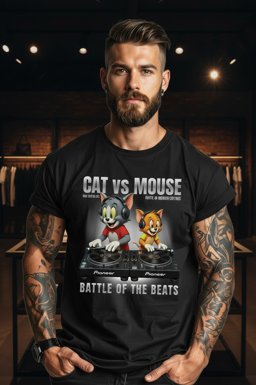 Man wearing a black t-shirt with 'Cat vs Mouse' graphic design on a gray background